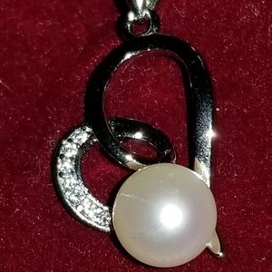 Sterling Silver Heart Necklace Pearl and CZ